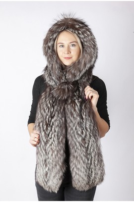 Silver fox fur hood-scarf